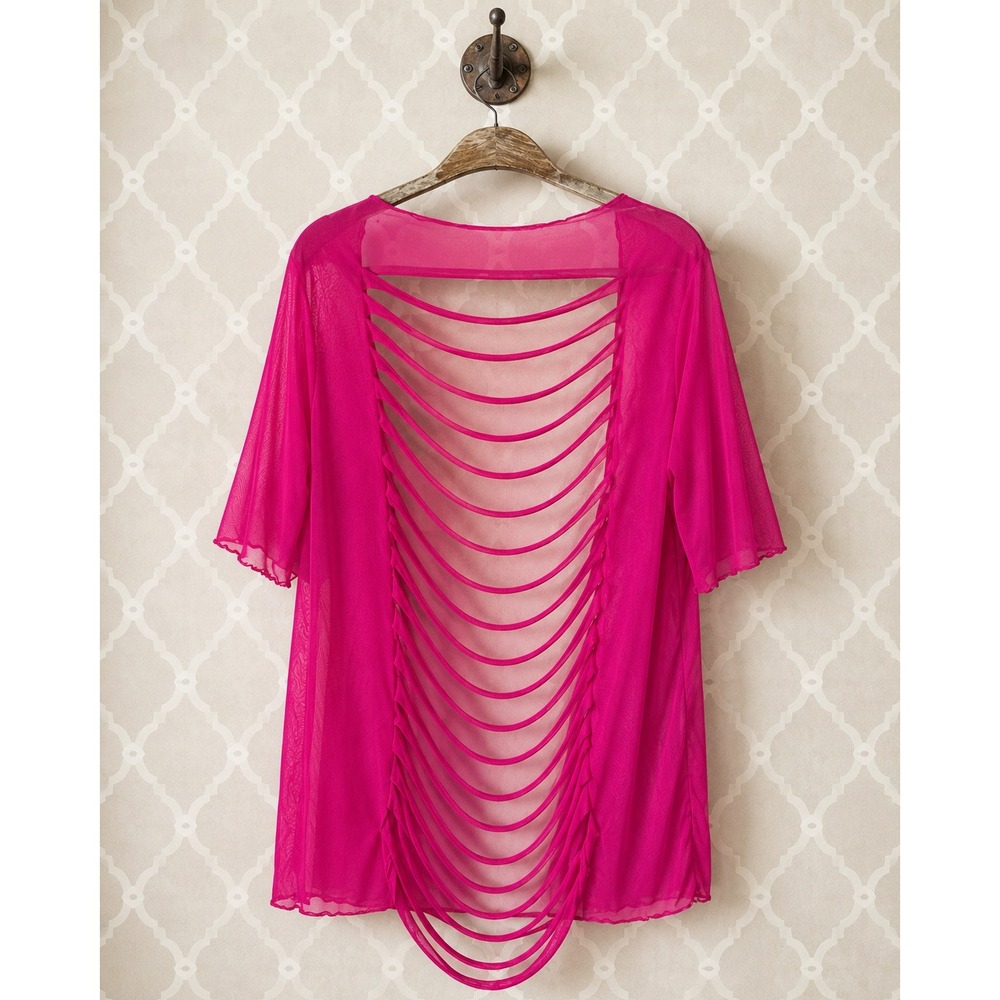 Sheer Mesh Open Ladder Back‎ Beach Cover-up or Tunic Hot Pink OS